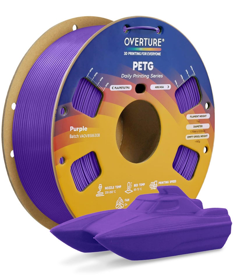 OVERTURE PETG 3D Printer Filament 1.75mm, Neatly Wound Durable PETG 1kg Spool (2.2lbs), Strong Toughness Filament, Dimensional Accuracy +/- 0.02mm, Fit Most FDM Printers (Purple) - Image 1